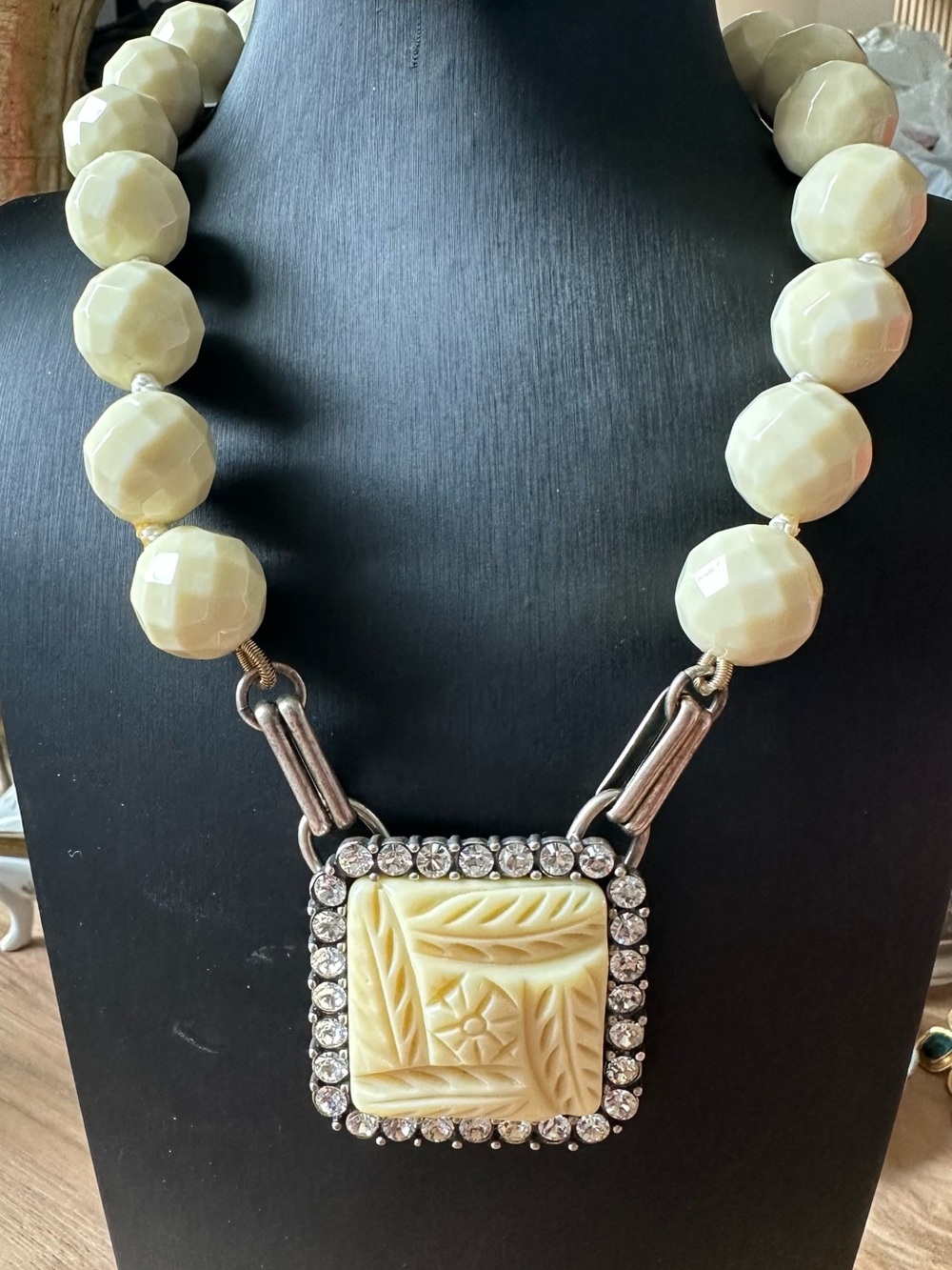Vintage Carved Pendant Statement Necklace with Faceted Beads